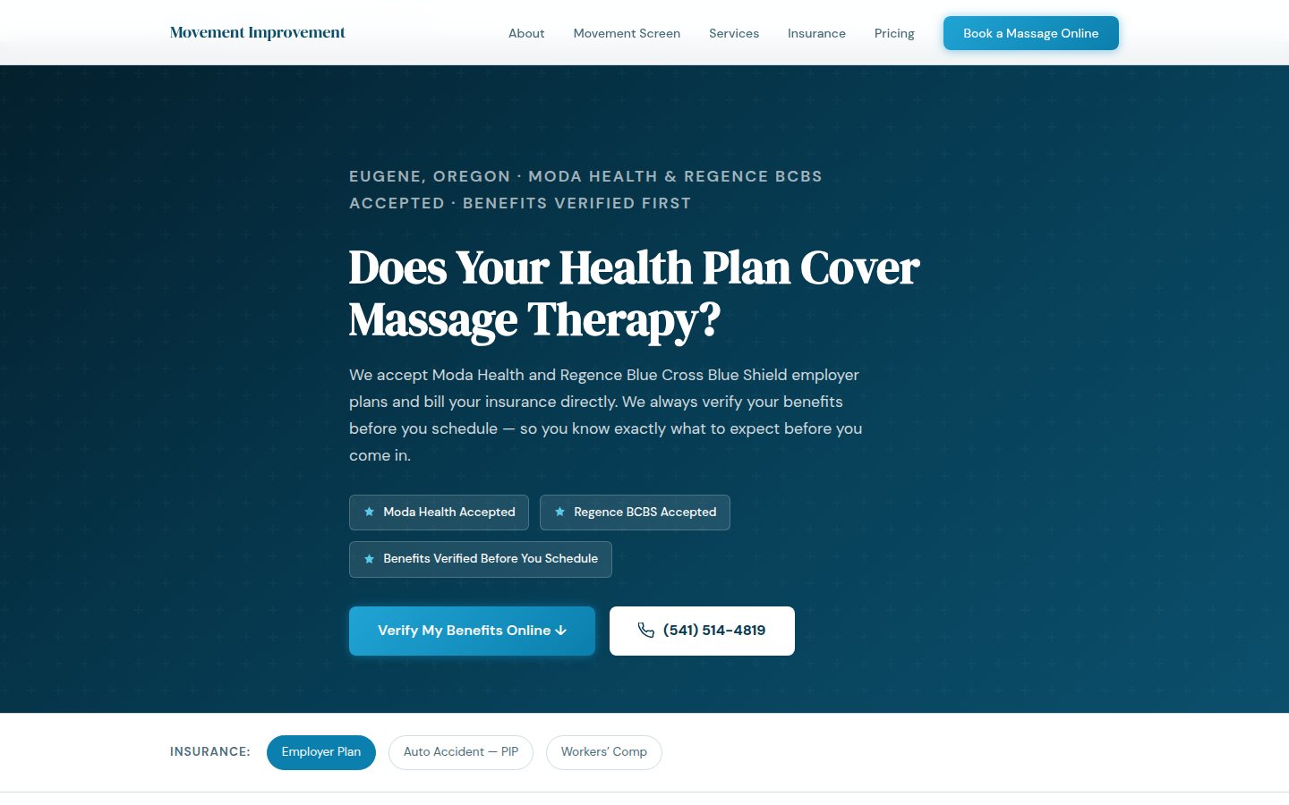 Insurance page on a massage practice website