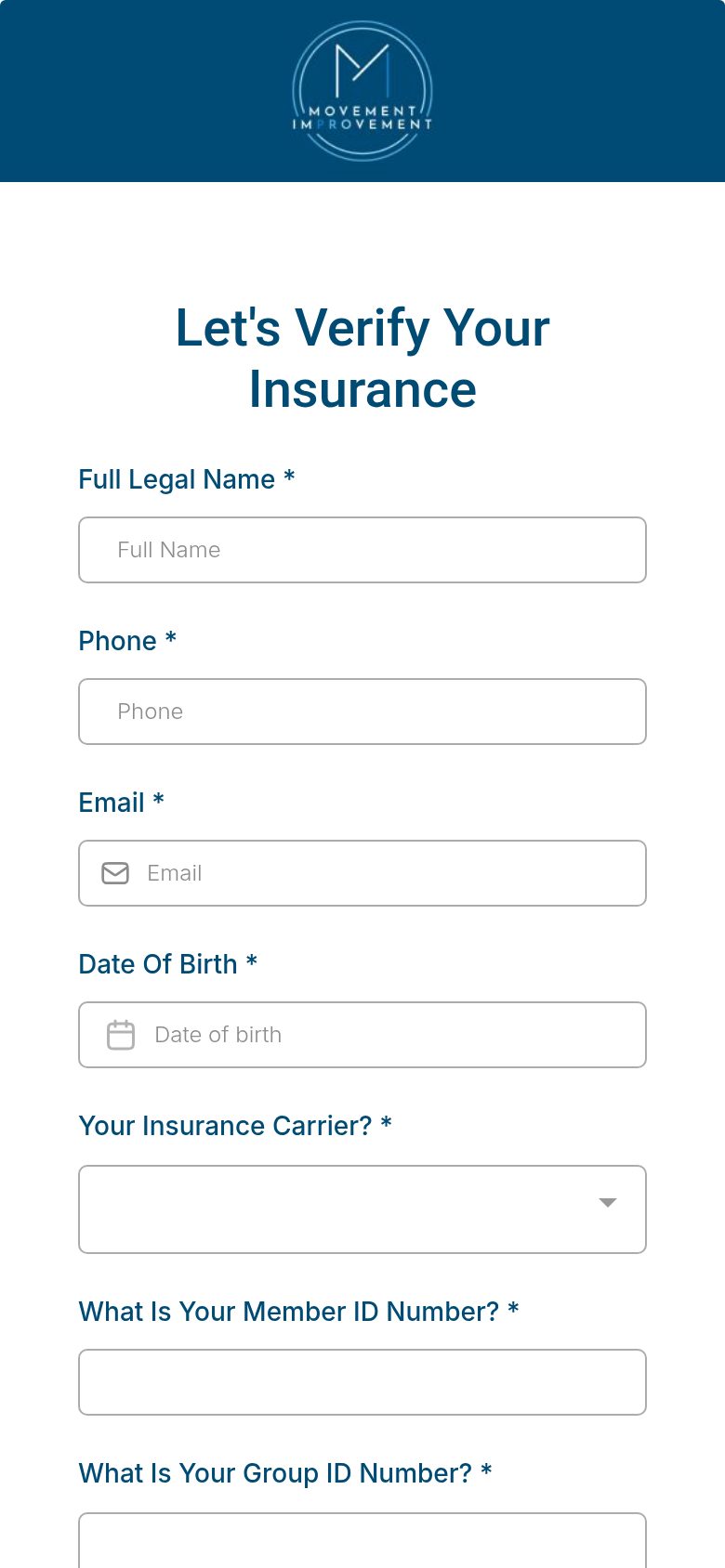Insurance verification form built in the booking software