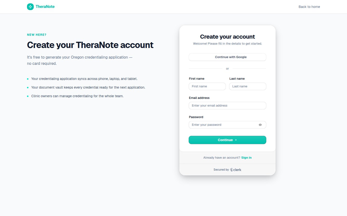 TheraNote sign-up screen