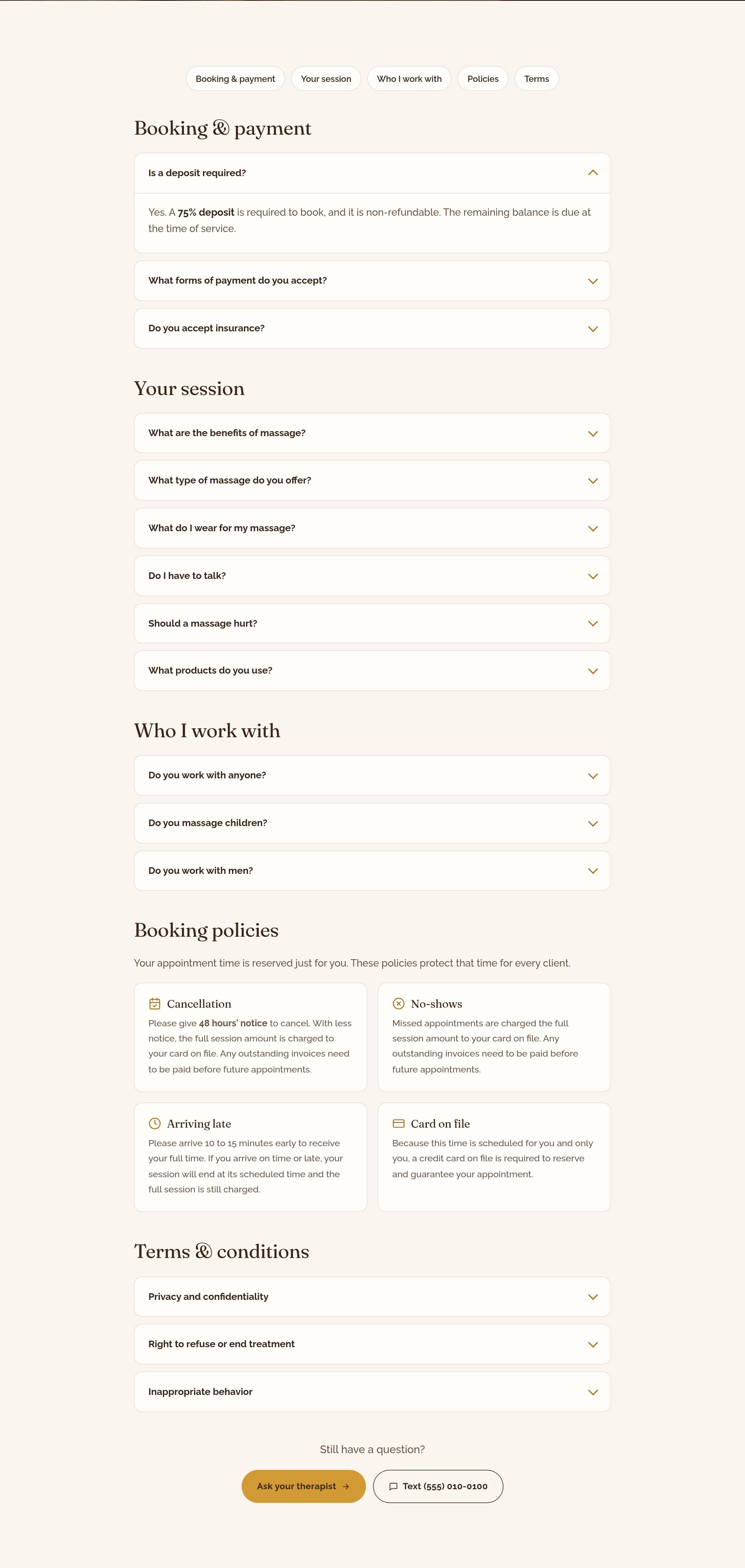Grouped FAQ and policies page