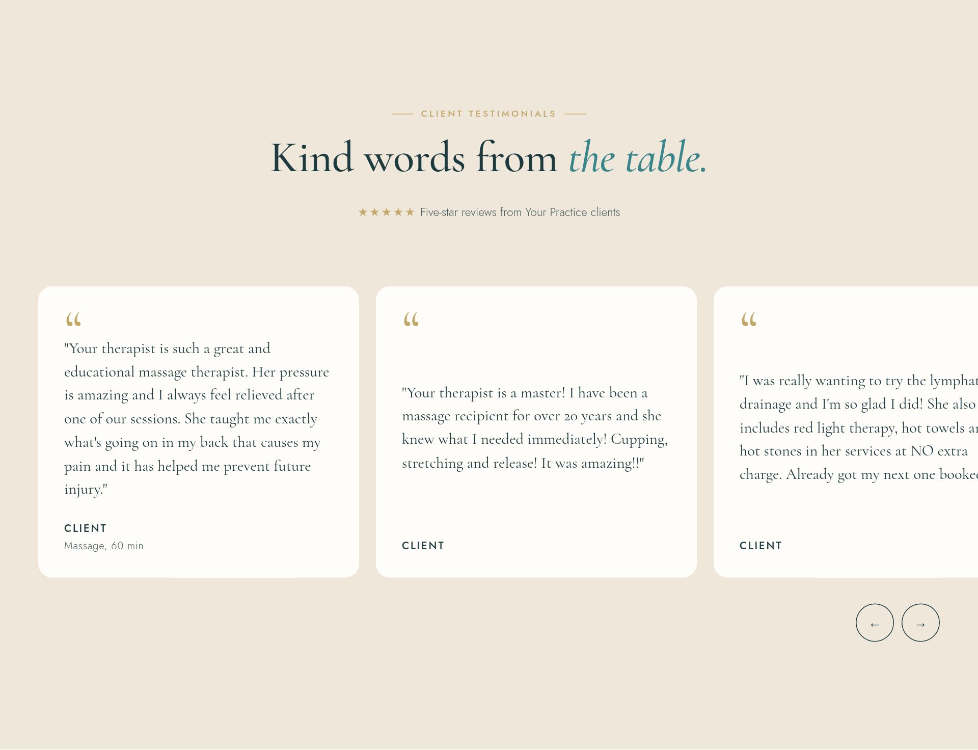 Client reviews shown as cards